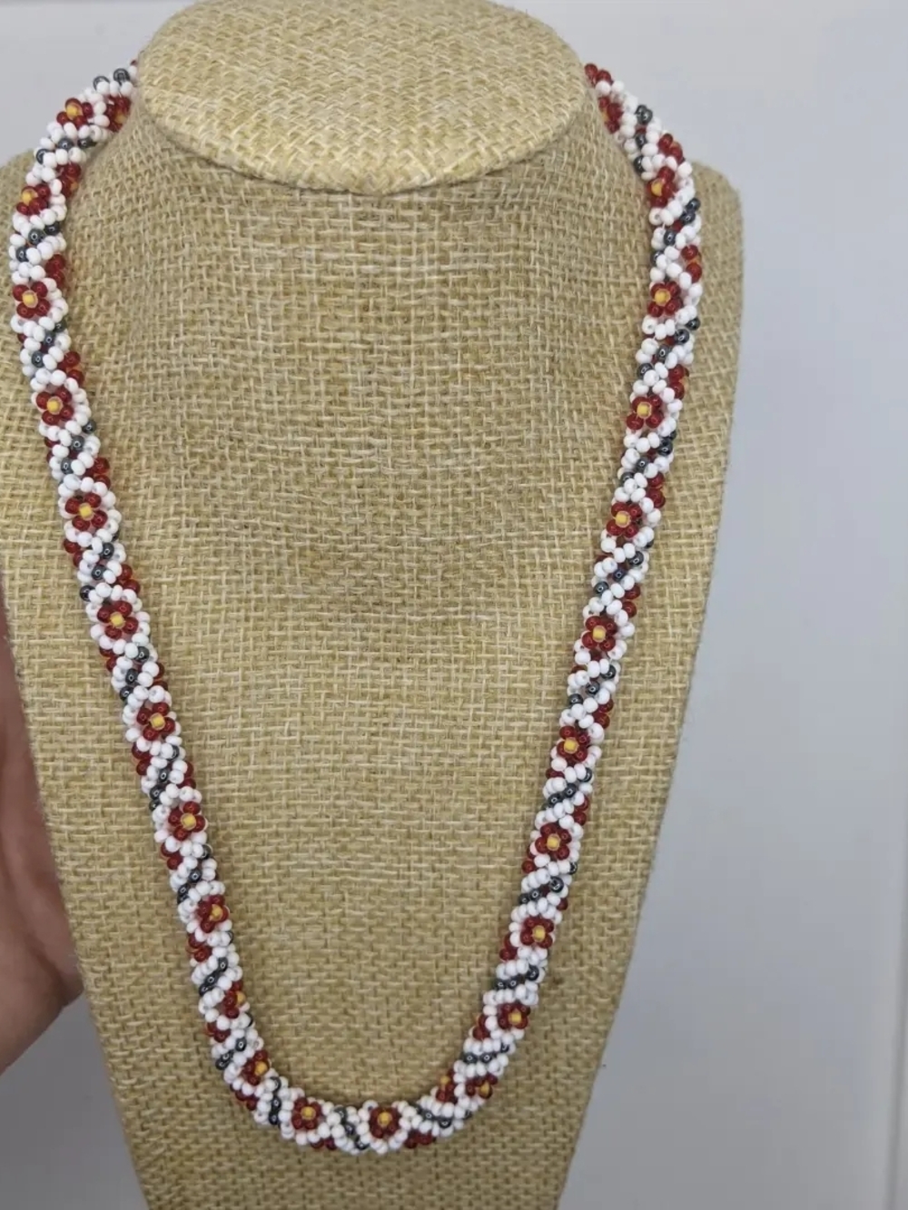 Handmade White & Red Floral Seed-Bead Rope Necklace